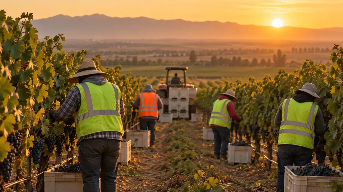 A harvest crew in high-visibility vests picks grapes into bins along a vineyard row at sunrise