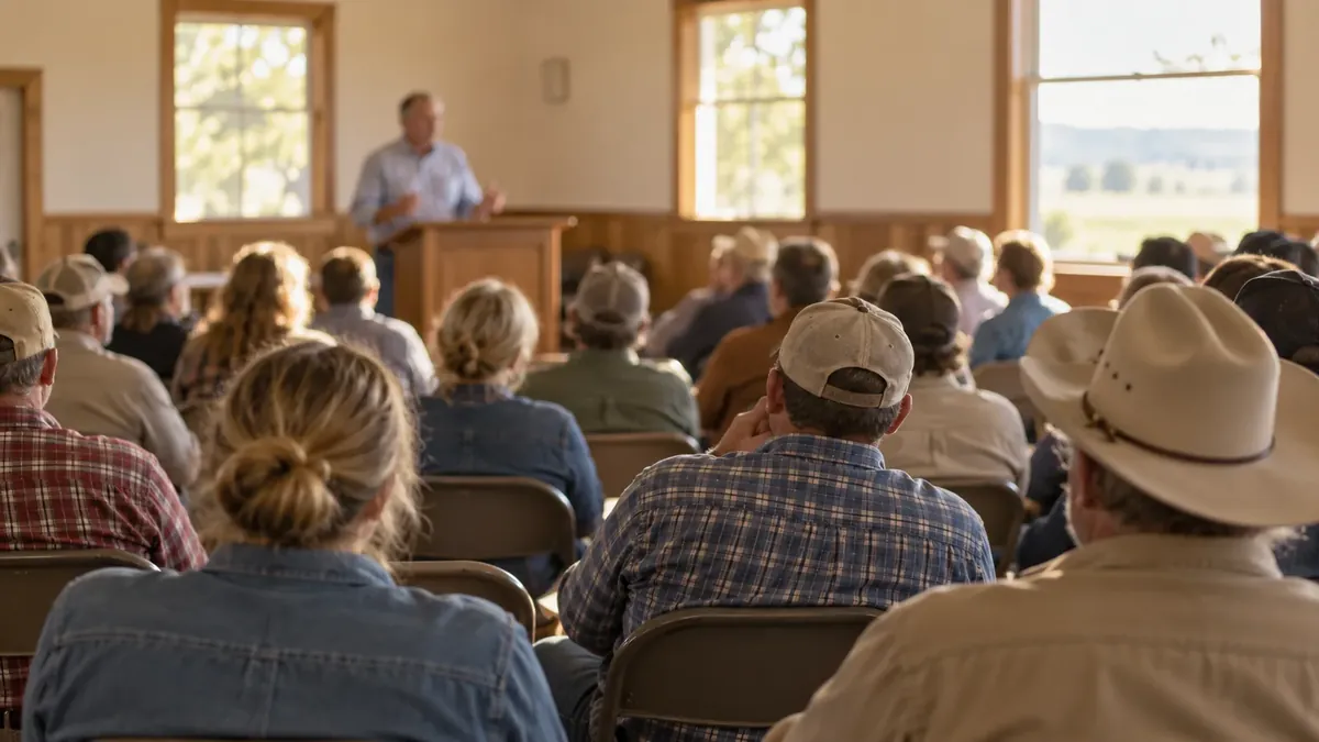 A full meeting room seen from the back rows, a speaker at a lectern by the windows