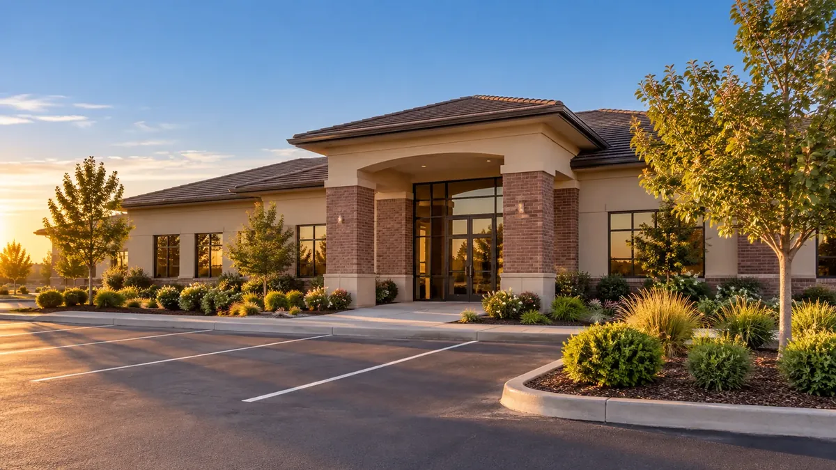 A single-story office building with a brick entry and young trees, late afternoon light