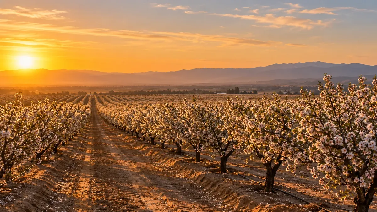 Rows of blossoming orchard trees running toward the mountains under an orange sky