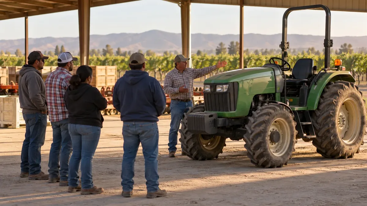 A small group stands around a green tractor in a farm yard while an instructor talks